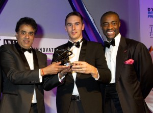 Dr Venky Dubey, PhD student Neil Vaughan, and awards host and former Apprentice winner Tim Campbell.