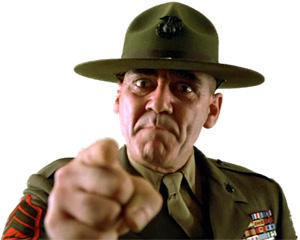 A drill sergeant pointing at you with a demanding expression