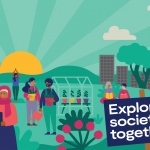 An illustrated image of people doing different activities in a field with text saying 'Exploring society together'