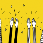 A cartoon image of black and white hands clapping on a yellow background