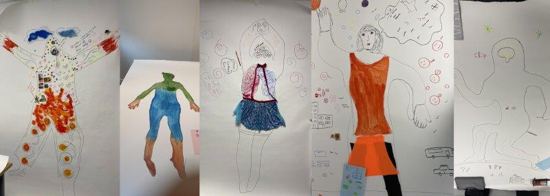 Examples of body maps created during the workshop, where participants used colour and symbols to represent their lived experiences and emotional wellbeing.